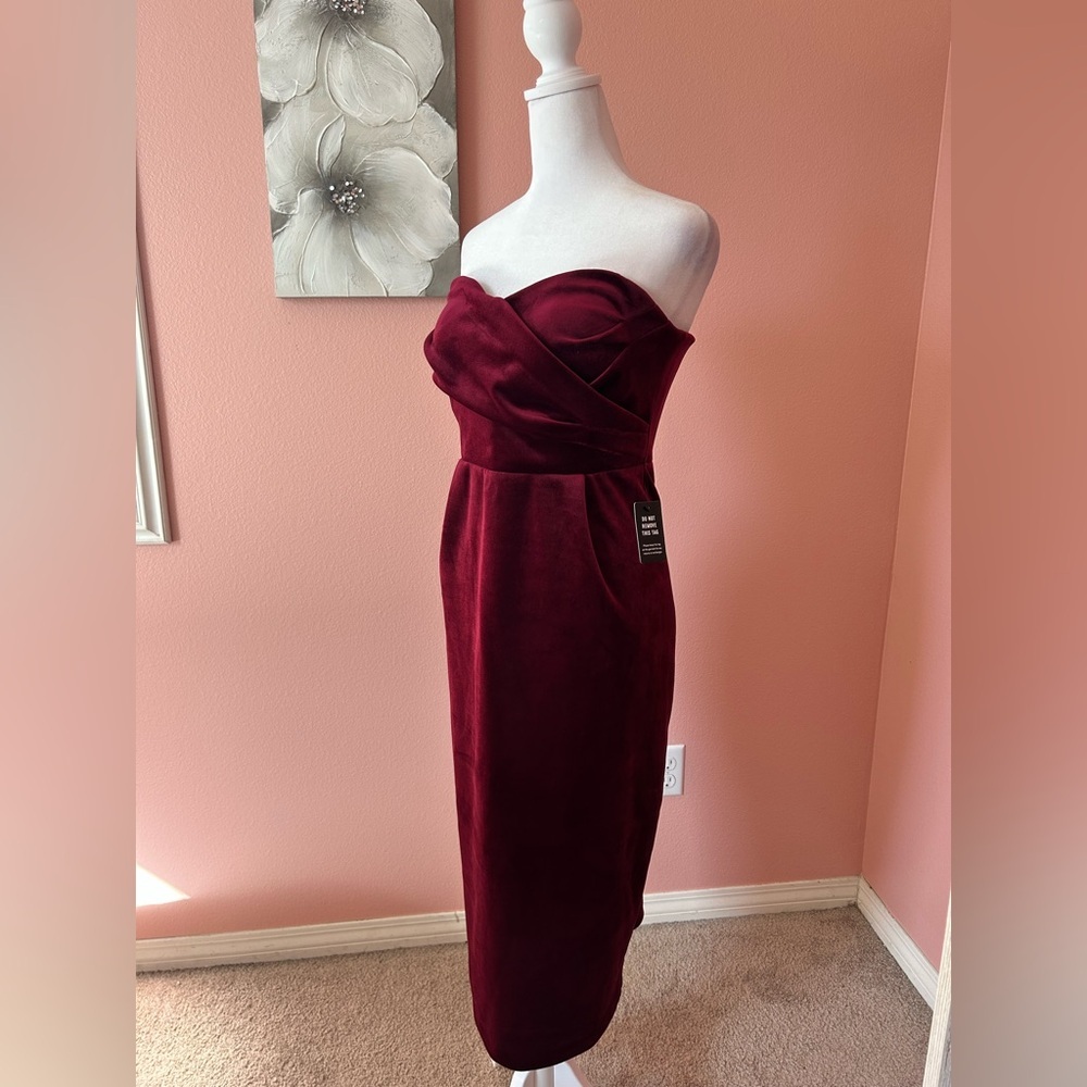 burgundy crushed velvet strapless elegant glam holiday/ wedding date dress NWT S - Picture 5 of 13